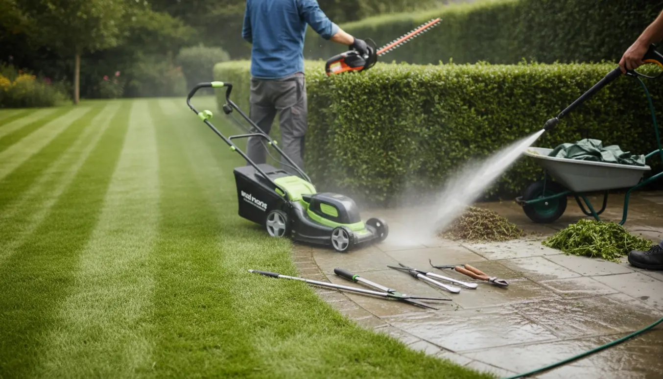 Gartner set bagfra trimmer hæk med nyslået græs, redskaber og rengjorte fliser i baggrunden.