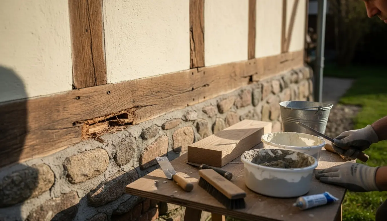 Nærbillede af reparation af rådnet nederste bjælke i et gammelt bindingsværkshus med værktøj og mørtel- og betonprøver.