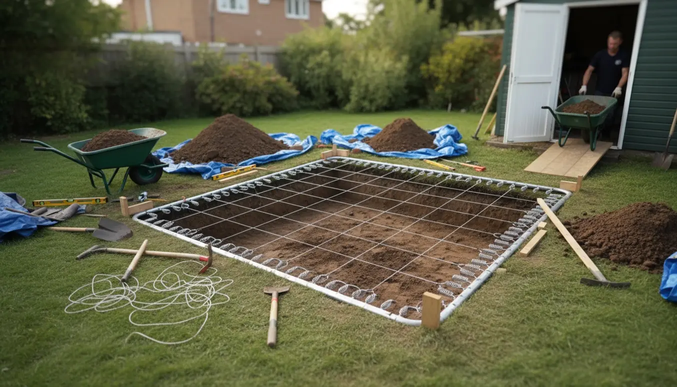 Udgravning til rektangulær trampolin med jord, værktøj og skuradgang.