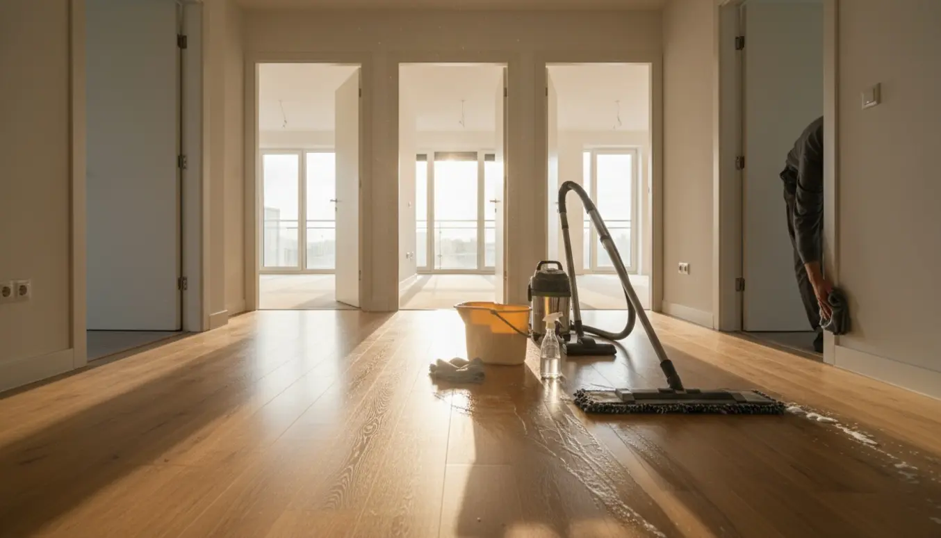 Rengøring af tom lejlighedsgulv med moppe, spand og støvsuger i sollys.