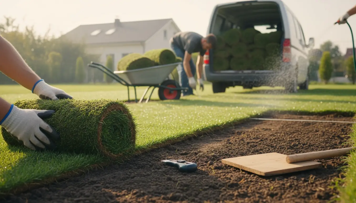 Rullende græs rulles ud på forberedt jord i en baghave med handsker og haveredskaber.