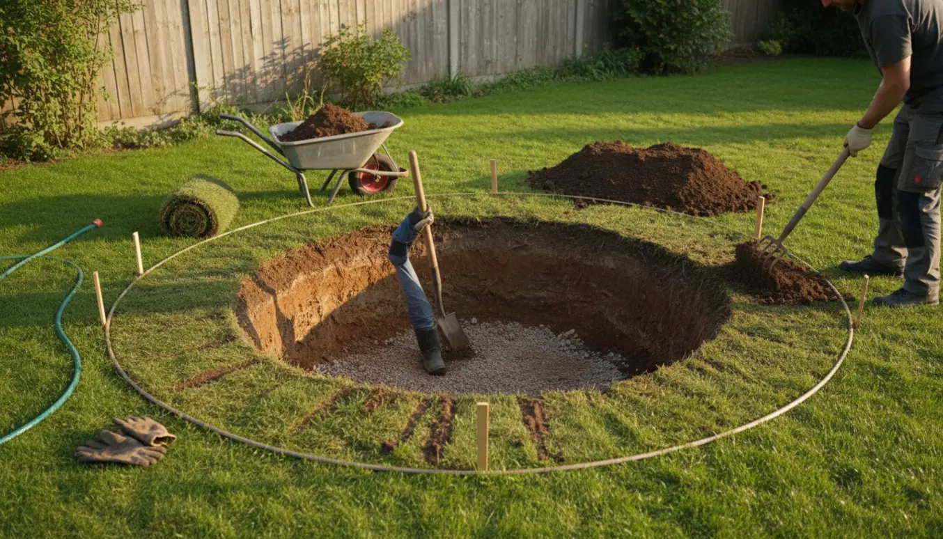 Baghave med en cirkulær udgravning til en nedgravet trampolin, jord spredt ved siden af.