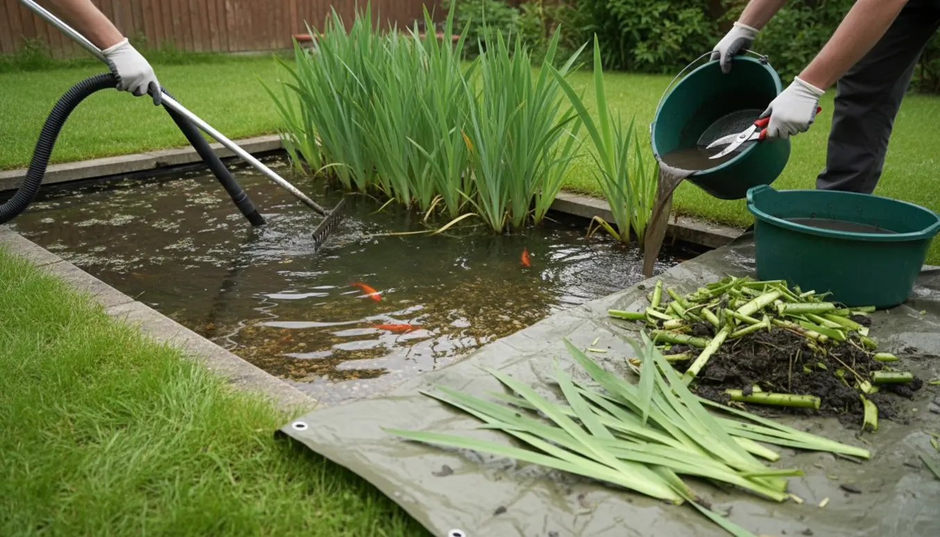 Rensning og beskæring af en lille havedam med guldfisk og værktøj ved kanten.