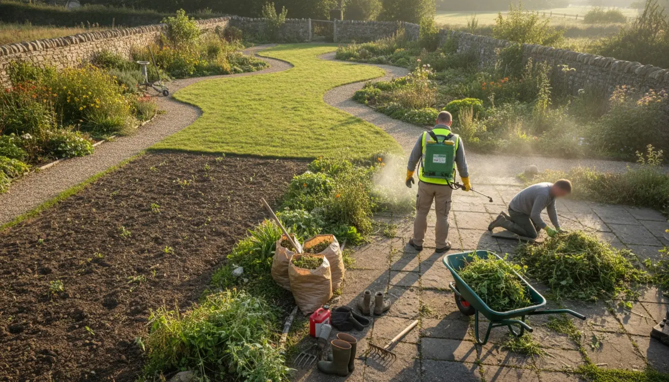 Havearbejde hvor ukrudt fjernes fra græs, bede og fliser med rive, hakke og rygsprøjte.