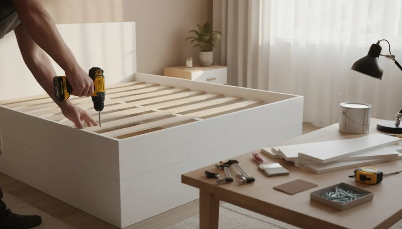En håndværker monterer en simpel hvid træsengeramme uden gavl i et lyst soveværelse.
