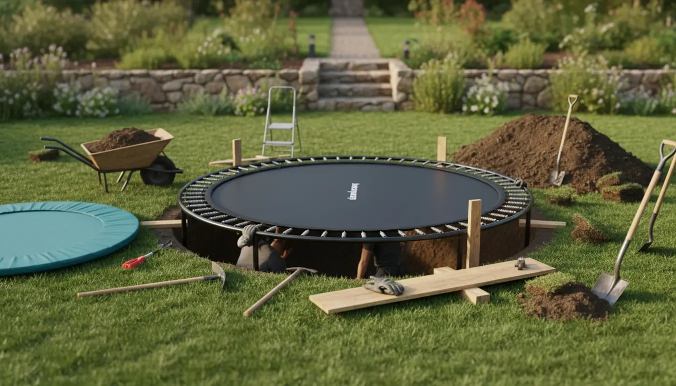Manuel nedgravning af en rund trampolin ved haven med skovle, trillebør og jordbunker ved en trappe.