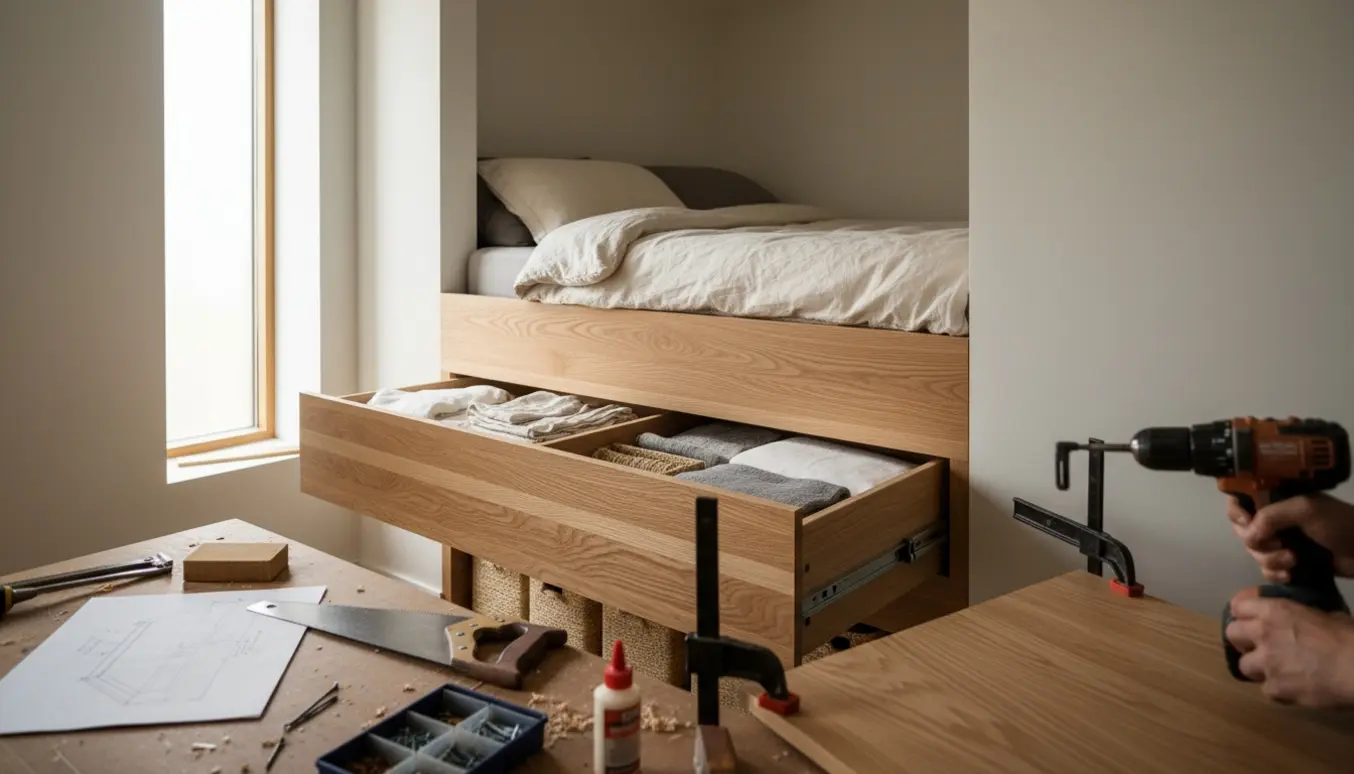 Specialbygget høj seng i en smal alkove med åben opbevaringsskuffe og værktøj på gulvet.