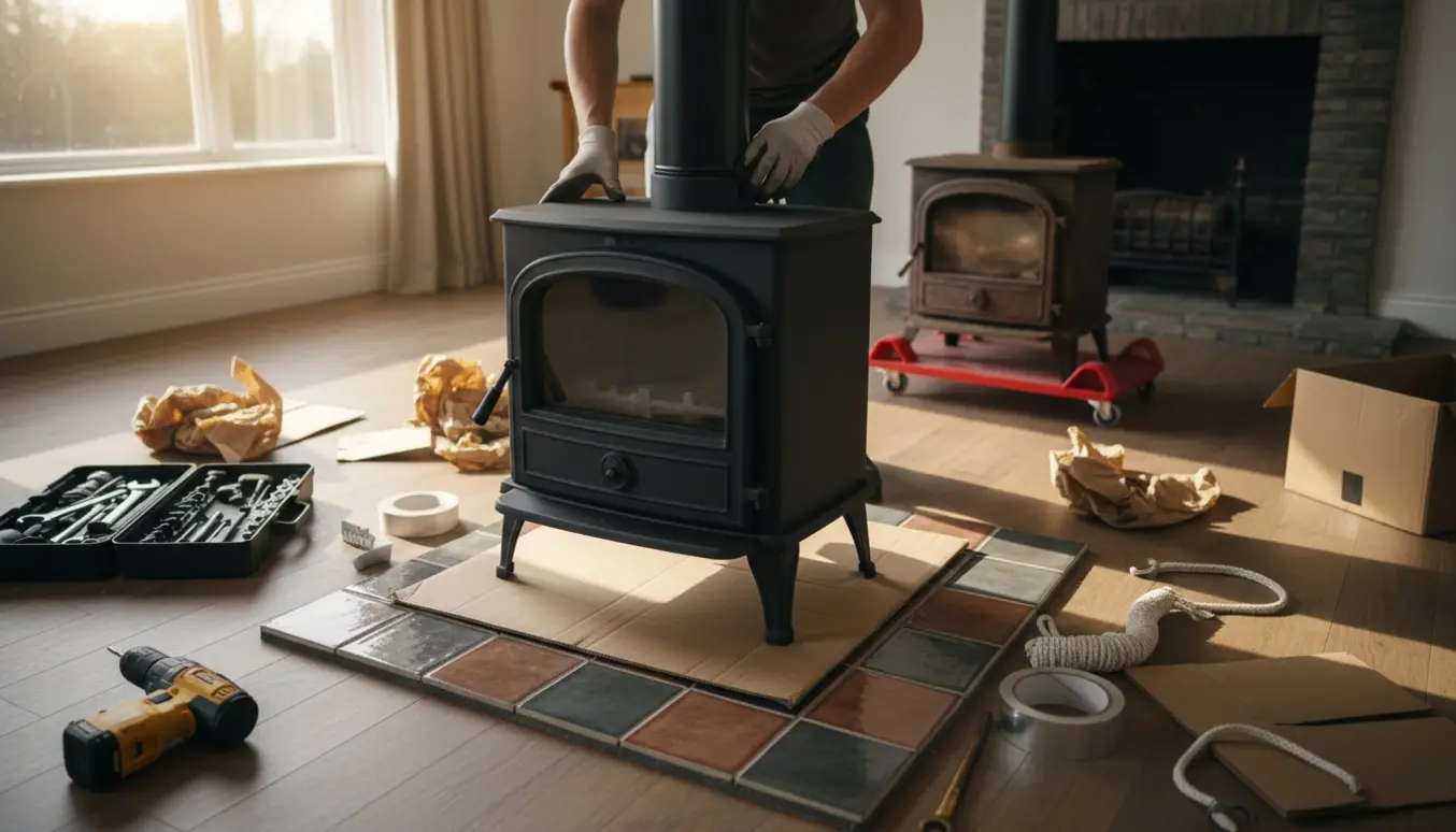 Ny brændeovn sættes på plads på ildstedet omgivet af værktøj og emballage.