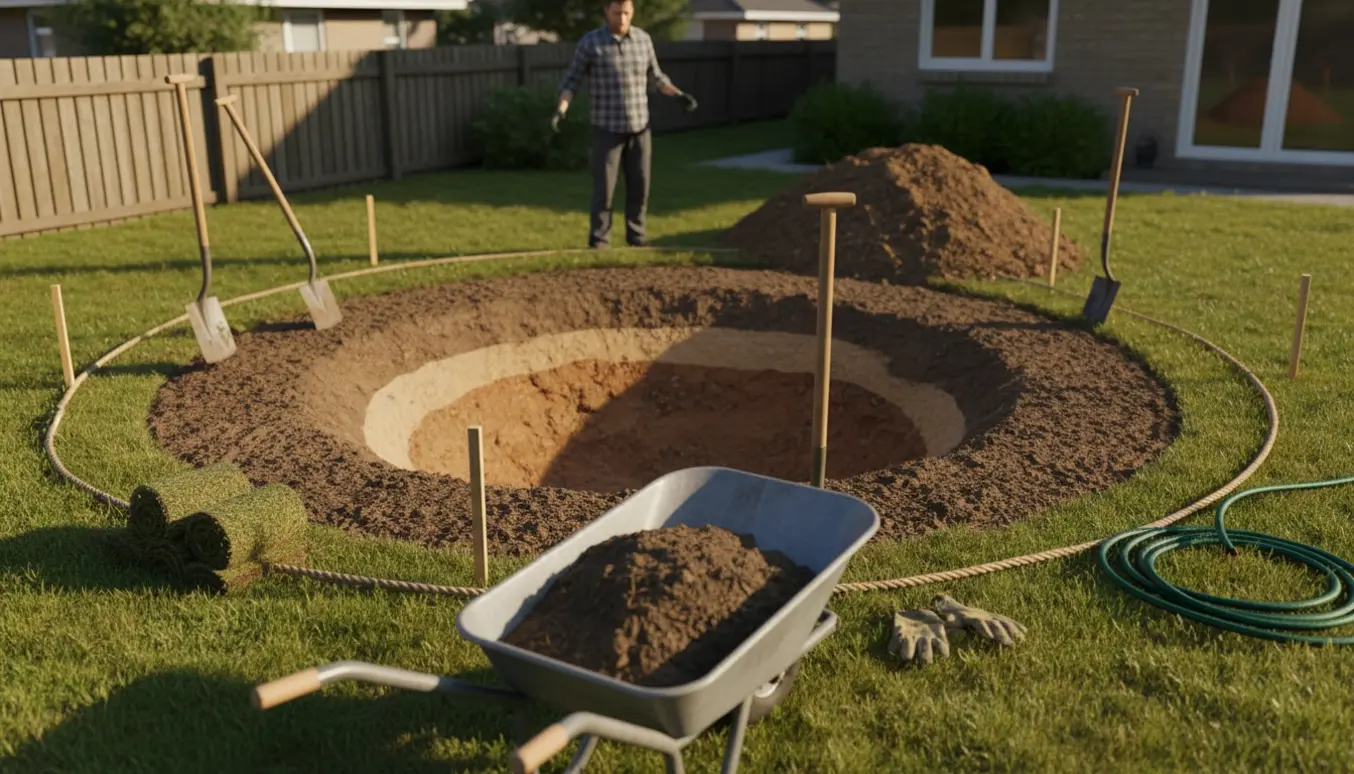 Udgravning i en græsplæne til en tre meters trampolin med skovle og trillebør i forgrunden.