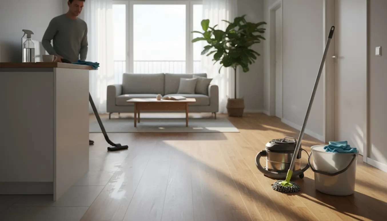 Ryggen af en person, der støvsuger og vasker gulve i en lys, ryddelig 3‑værelses lejlighed med rengøringsudstyr synligt.
