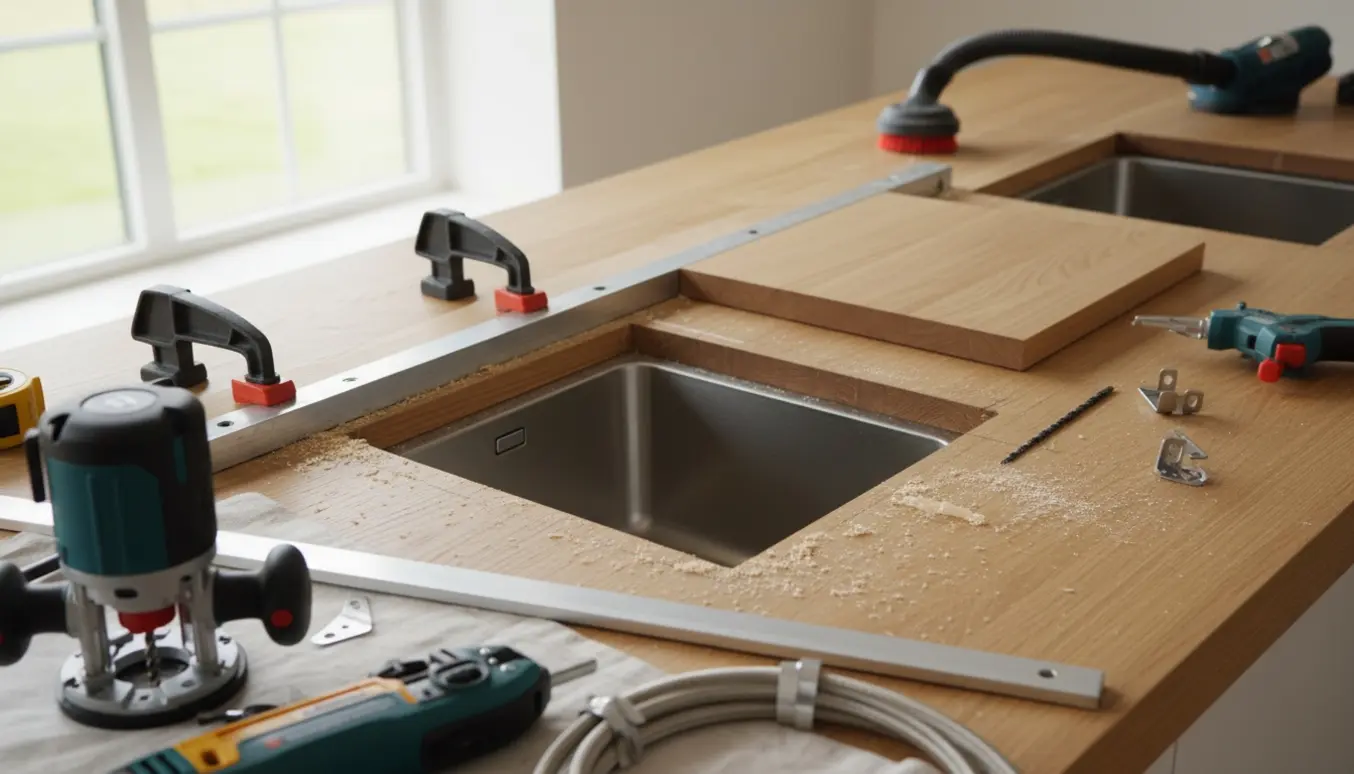 Nedfræset stålvask monteres i en massiv egetræsbordplade med værktøj og savstøv omkring.