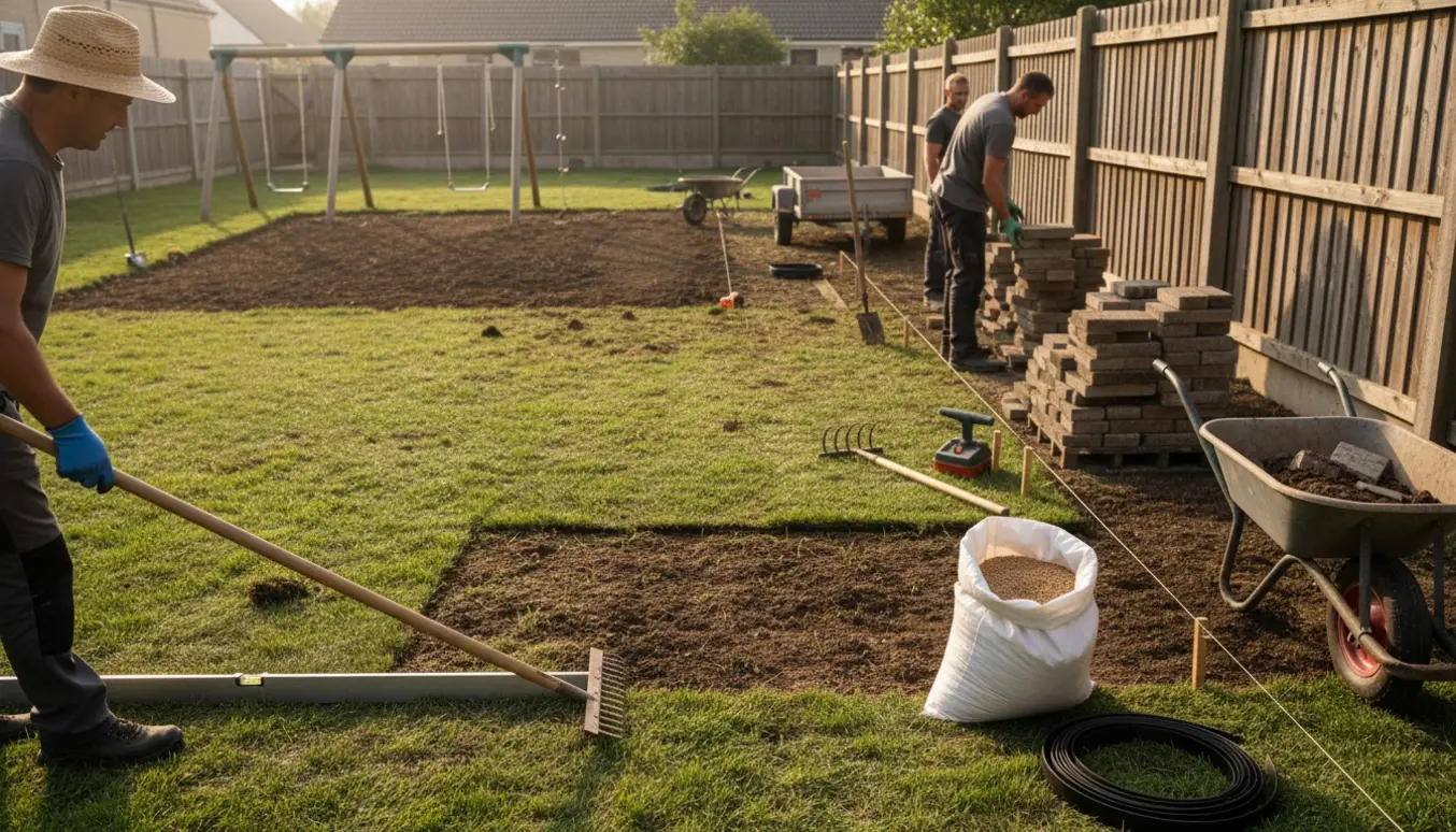 Værktøj og hænder planerer en græsplæne, gamle fliser er fjernet ved træhegn klar til terrasse og såning.