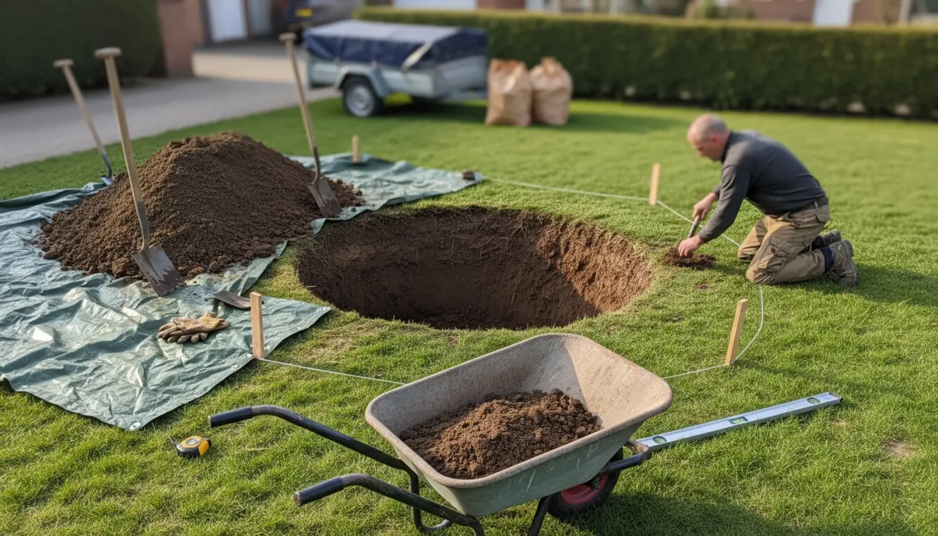 Udgravning til nedgravet trampolin i en baghave med bunker af jord, trillebør og værktøj klar til bortskaffelse.