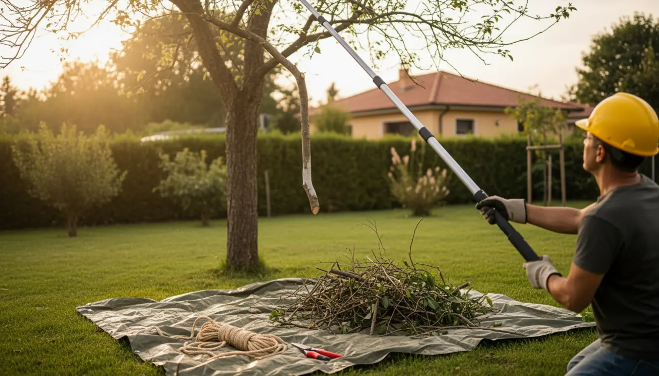 En haveejer trimmer toppen af et ca. 4 m højt træ med en teleskopisk beskæringssav, og afskårne grene ligger i en bunke på græsset.