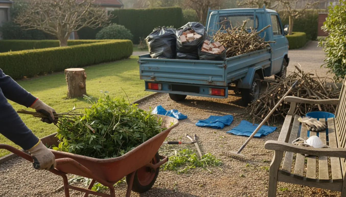 Hænder læsser beskårne grene og forseglede sække med byggeaffald i en trailer i en privat have.