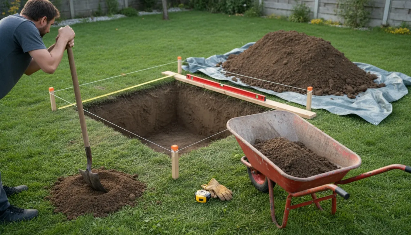 Udgravning i en baghave til en rektangulær trampolin (280x220) med skovl, trillebør og jordbunker.