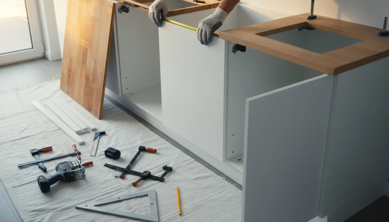 Afmonteret træbordplade i moderne køkken med værktøj og målebånd klar til udskiftning.