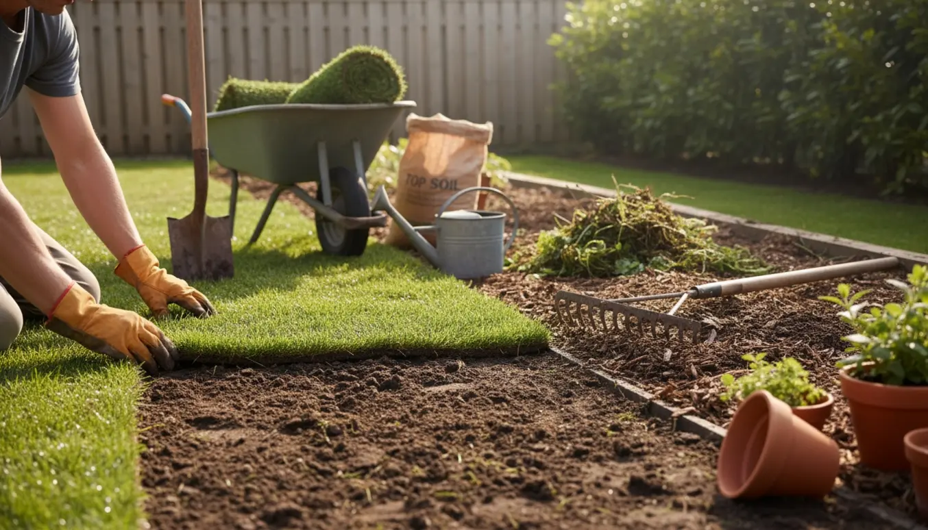 Hænder i havehandsker lægger rullegræs ved siden af et nyligt ryddet staudebed i en solrig baghave.