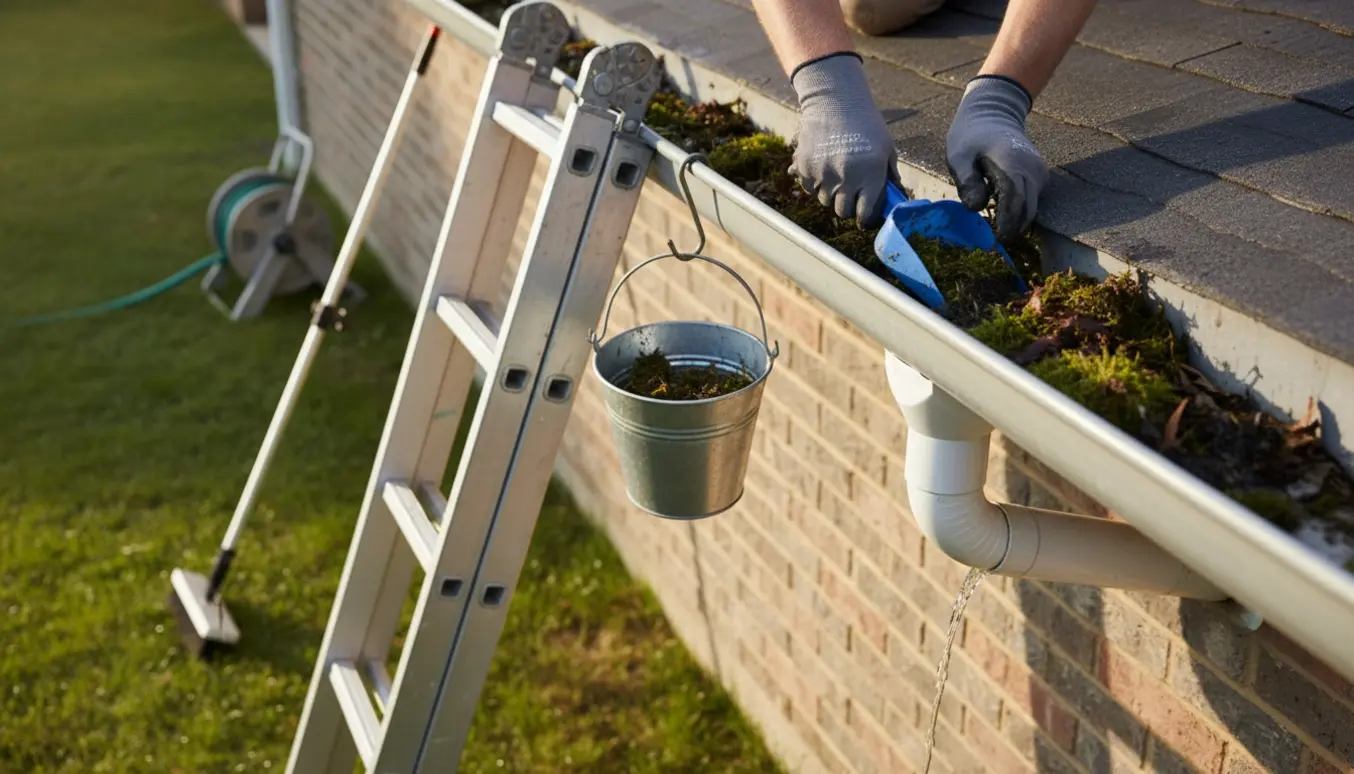 En person renser tagrender fra en stige ved et enfamiliehus med handsker, spand og fjernede blade i tagrenden.