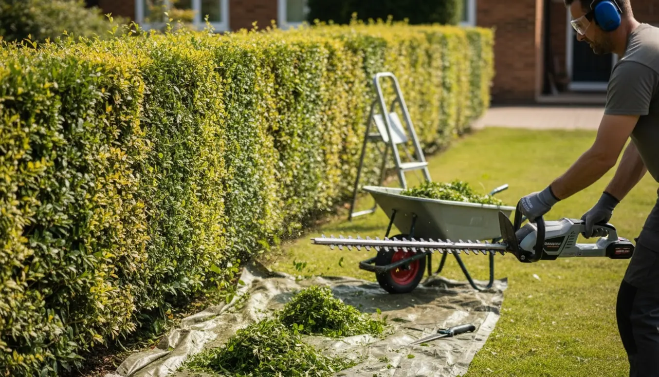 En person trimmer en lang ligusterhæk med en hækklipper, og friskklippede blade ligger samlet på en presenning.