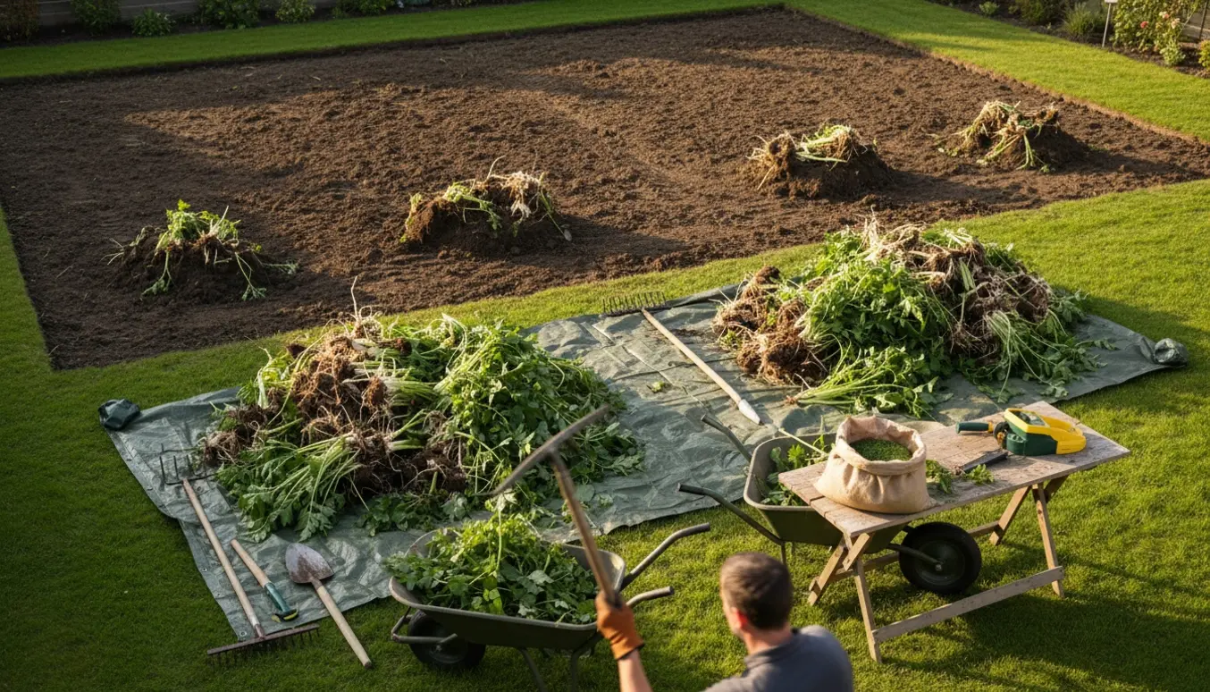 Opgravede staudebede med bunker af skvalderkål, haveredskaber og forberedt jord klar til såning af græs.
