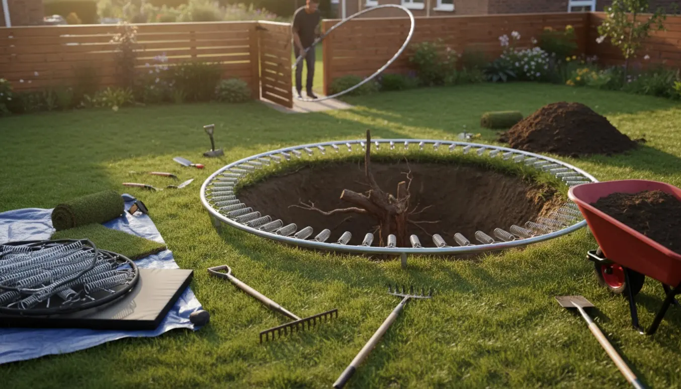 Nedgravning af en rund trampoline i haven med skovle, trillebør og samlet jord ved siden af.