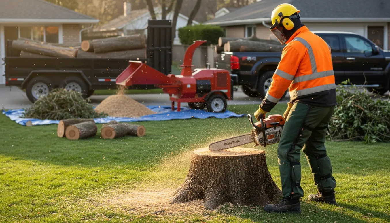 Arborist fælder et træ i en have med stammer og trailer klar til bortskaffelse.