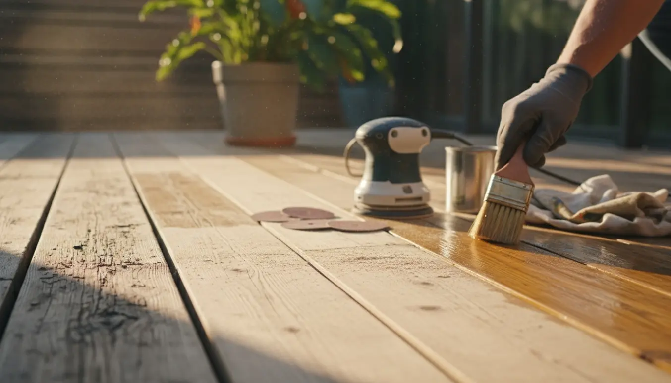 Handsken påfører olie på en nyslebet træterrasse, hvor tørt, ru træ står i kontrast til den olierede overflade.