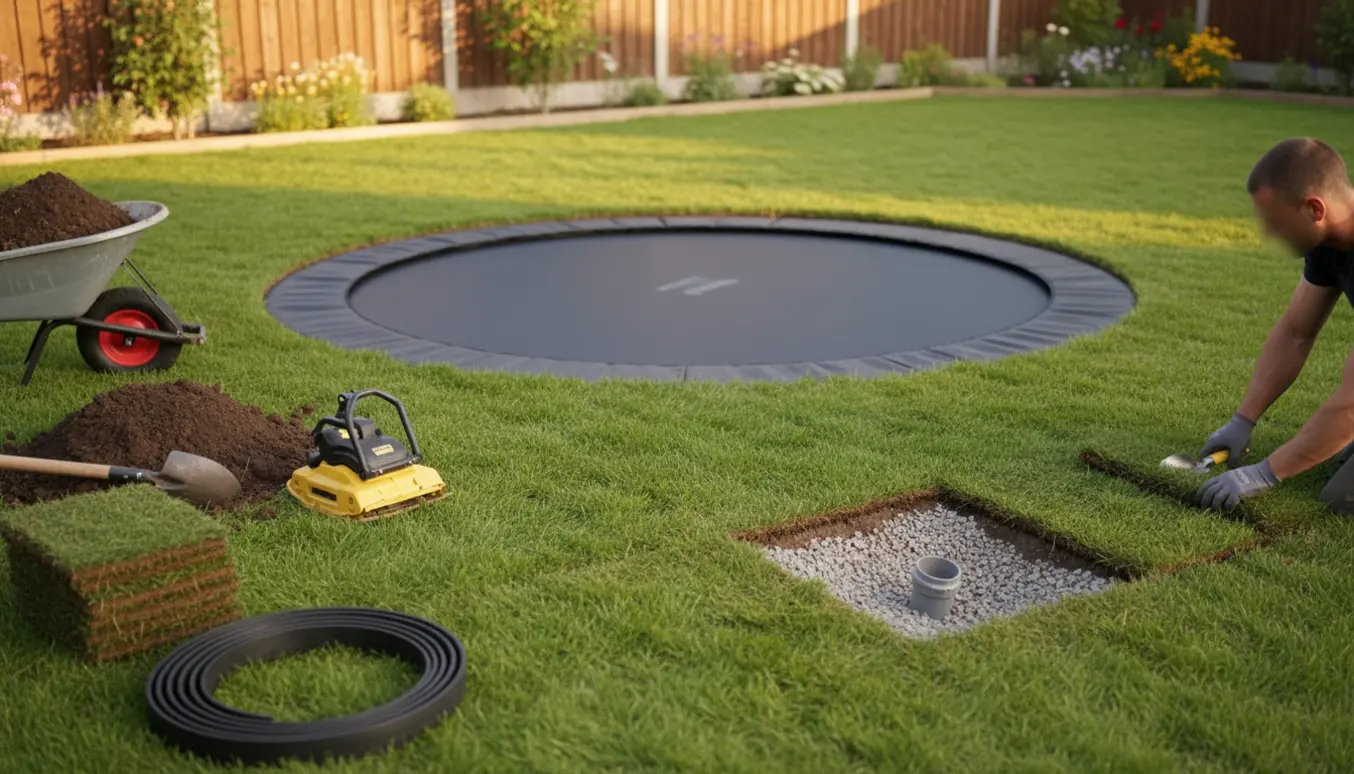 Nedgravet rund trampolin i baghave omgivet af værktøj og nylagt græs.