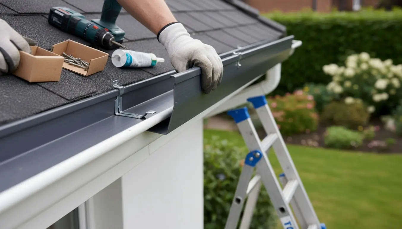 Nærbillede af hænder, der monterer en ny ståltagrende i intakte beslag på et enfamiliehus.