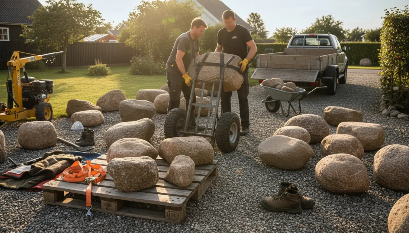 To personer læsser store kampesten på en trailer med løftestropper og skubkærre i en gårdhave.