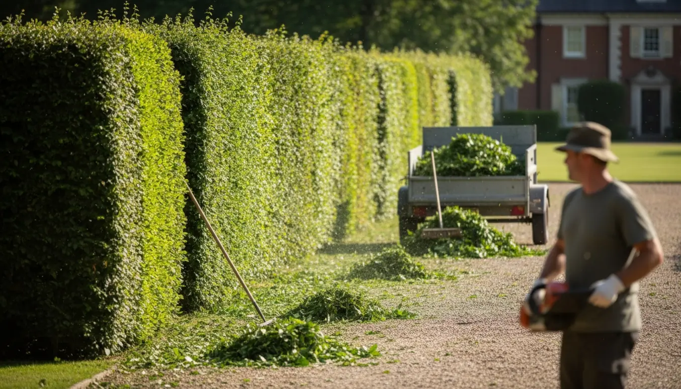 Bagfra set person klipper en lang hæk og samler afklip i en åben trailer.