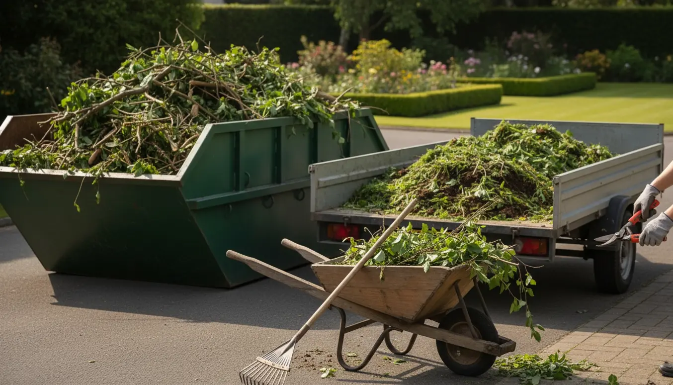 Stor åben container og trailer fyldt med beskårne grene og haveaffald ved en indkørsel med haveredskaber i forgrunden.