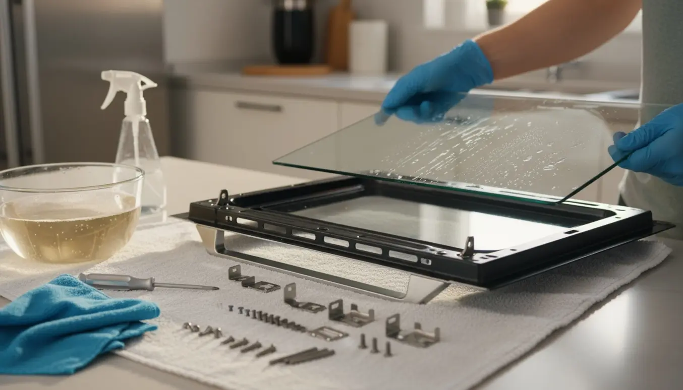 Ovnens låge er adskilt på køkkenbordet med glaspanel, hængsler, skruer og rengøringsudstyr klar.