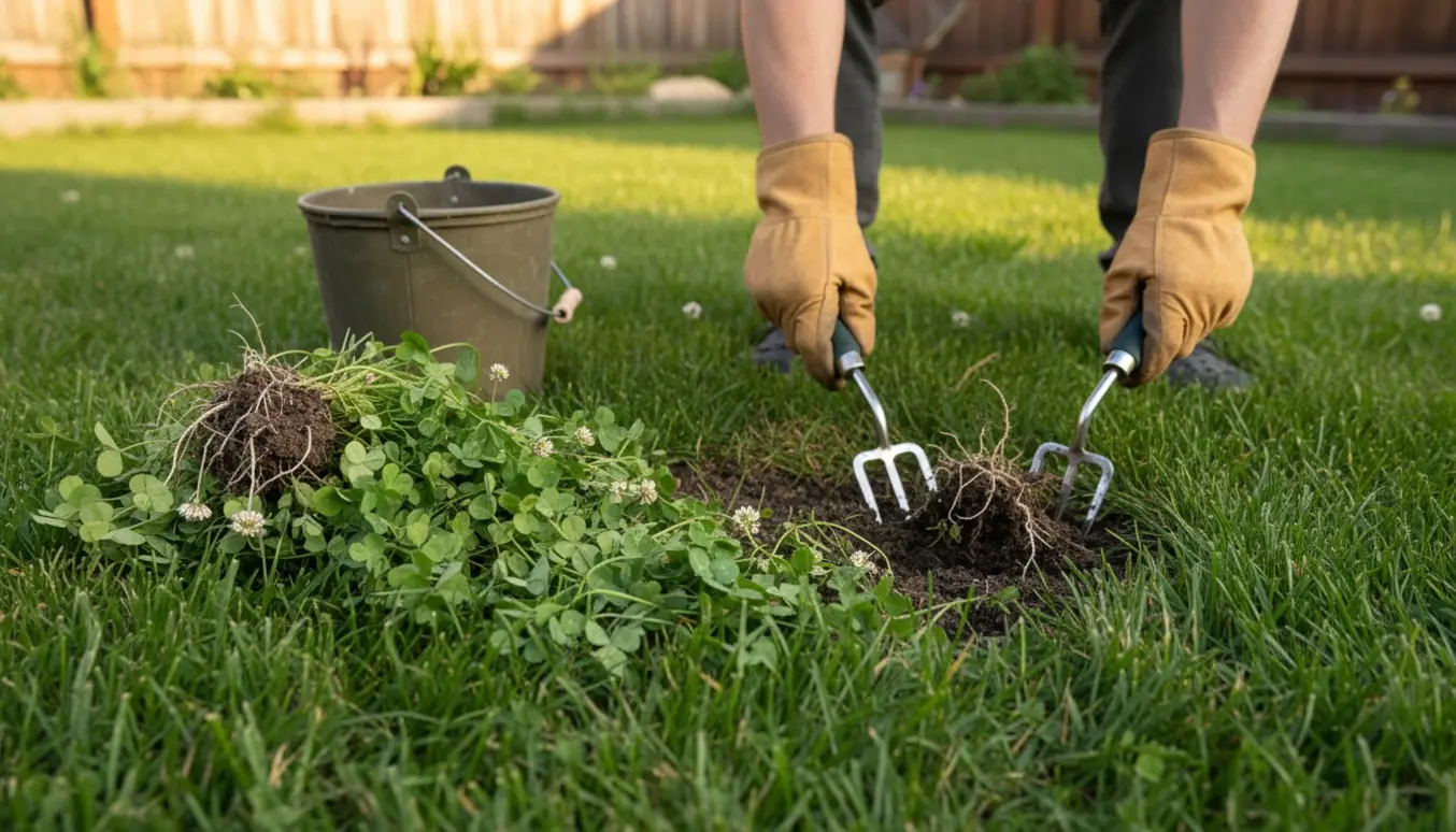 Hænder fjerner kløver fra en græsplæne med en håndhakke og lille spand i blødt morgenslys.