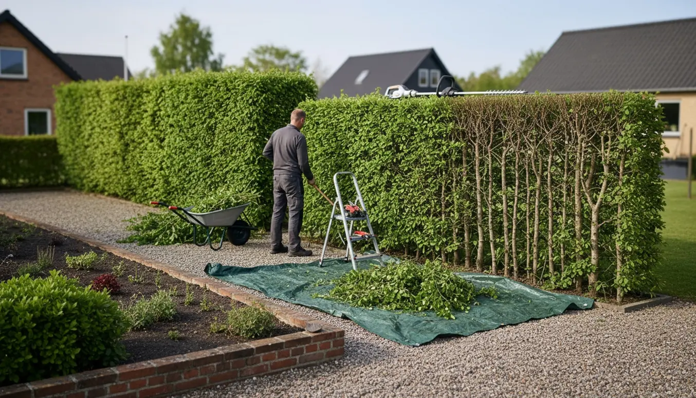 Bøgehæk i en villahave, hvor den ene side er nyklippet og afklip er samlet i trillebør og på presenning.