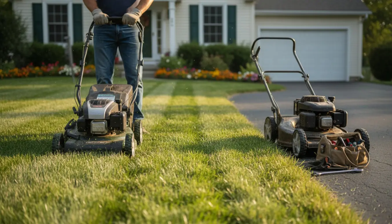 Person slår græs i forhaven med en plæneklipper, mens en defekt plæneklipper ligger på indkørslen.