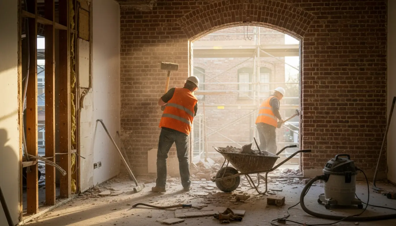Indvendig nedbrydning med arbejdere og værktøj, mens ydermuren bevares.
