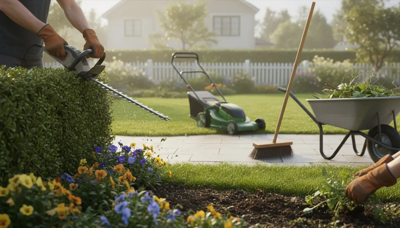 Havearbejde med beskæring af hæk, lugning og fejning i en soloplyst have.