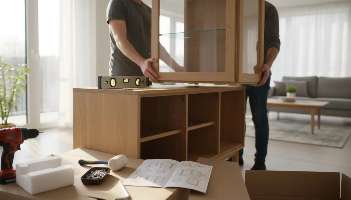 To personer placerer en glasvitrine ovenpå en lys egetræsskænk i et solbeskinnet opholdsrum, kun hænder synlige.