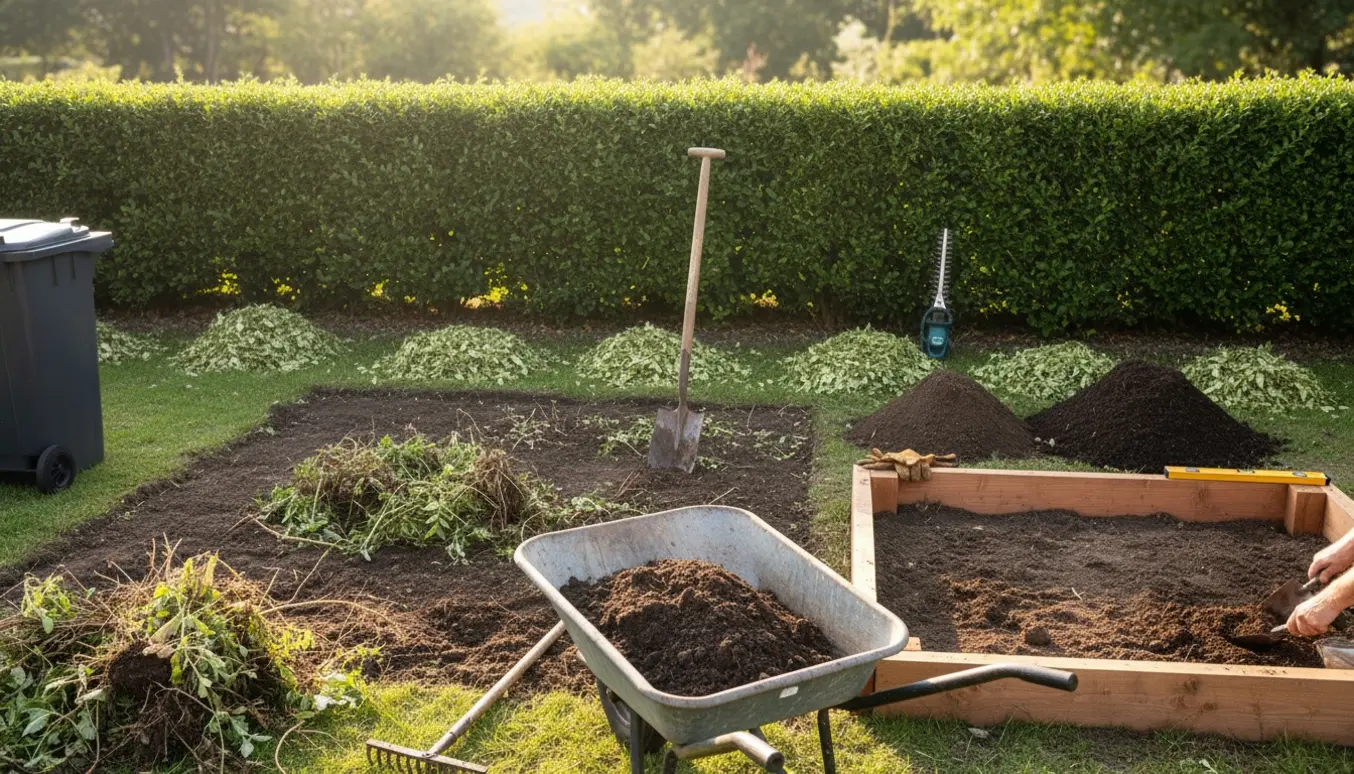 Nyklippet ligusterhæk og etablering af et højbed med træramme, jord, værktøj og container til haveaffald.