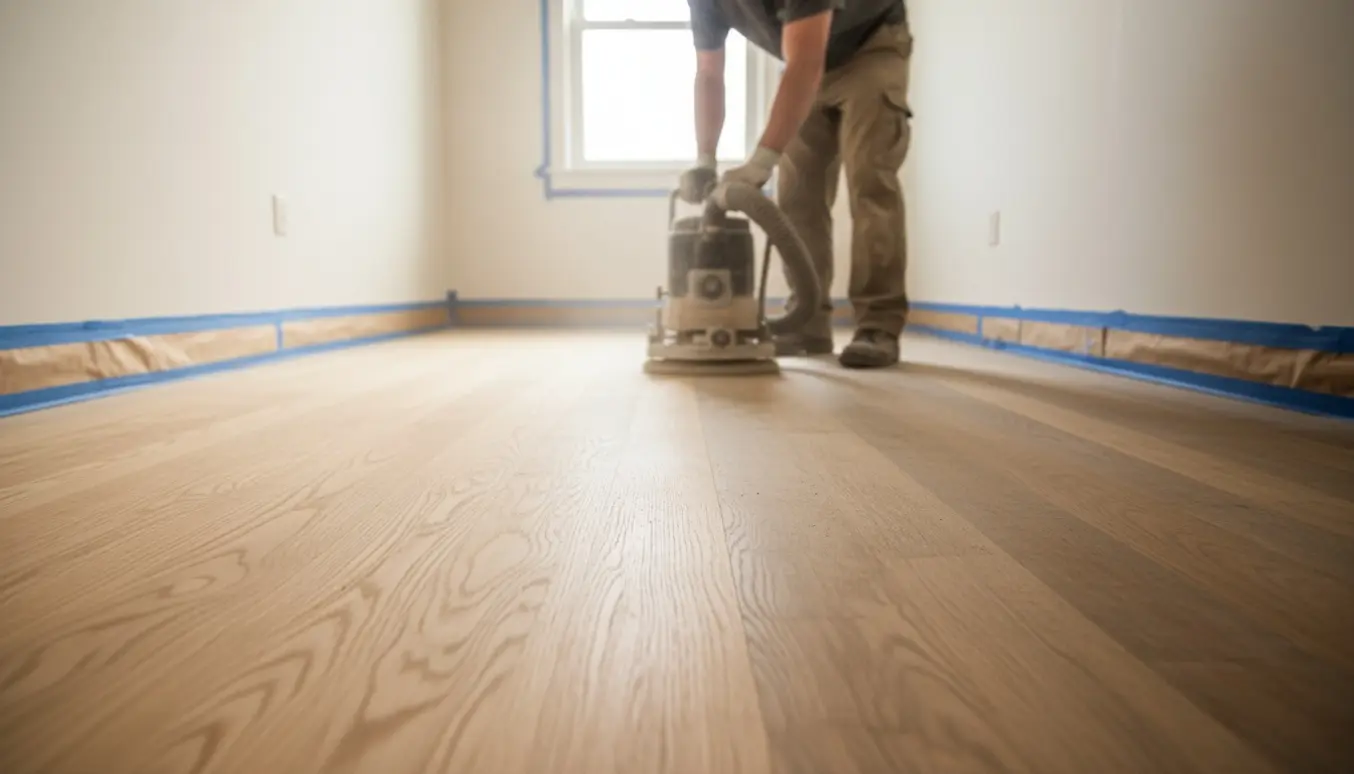 Mellemslibning af trægulv i et lille lyst rum med en slibemaskine og synlig jævn træoverflade.