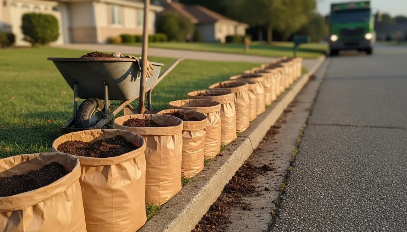 Omtrent 25 papirsposer fyldt med jord stående langs fortovet klar til afhentning.