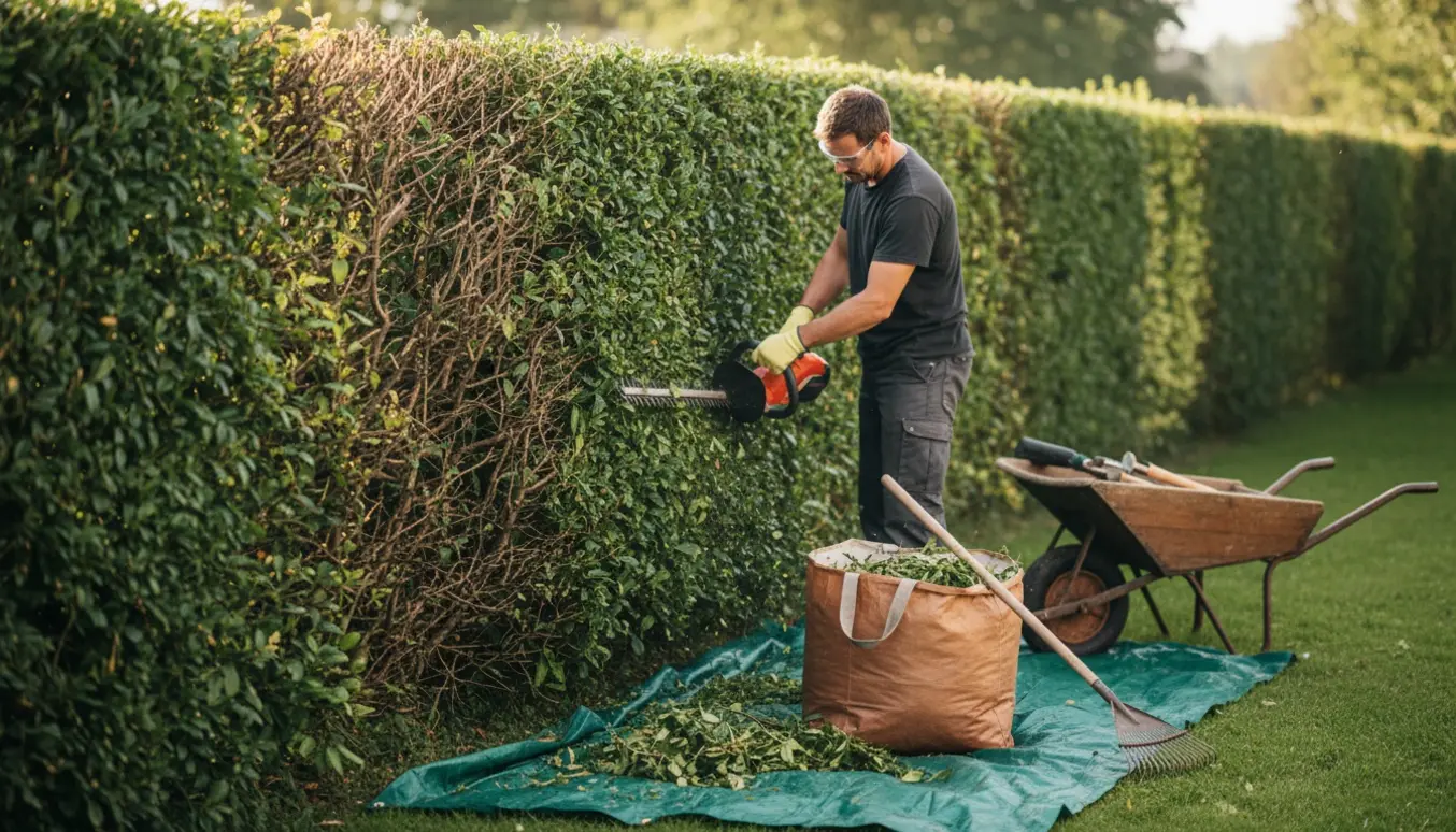 En person klipper og opsamler afklip fra en 180–190 cm høj hæk i en velplejet have.
