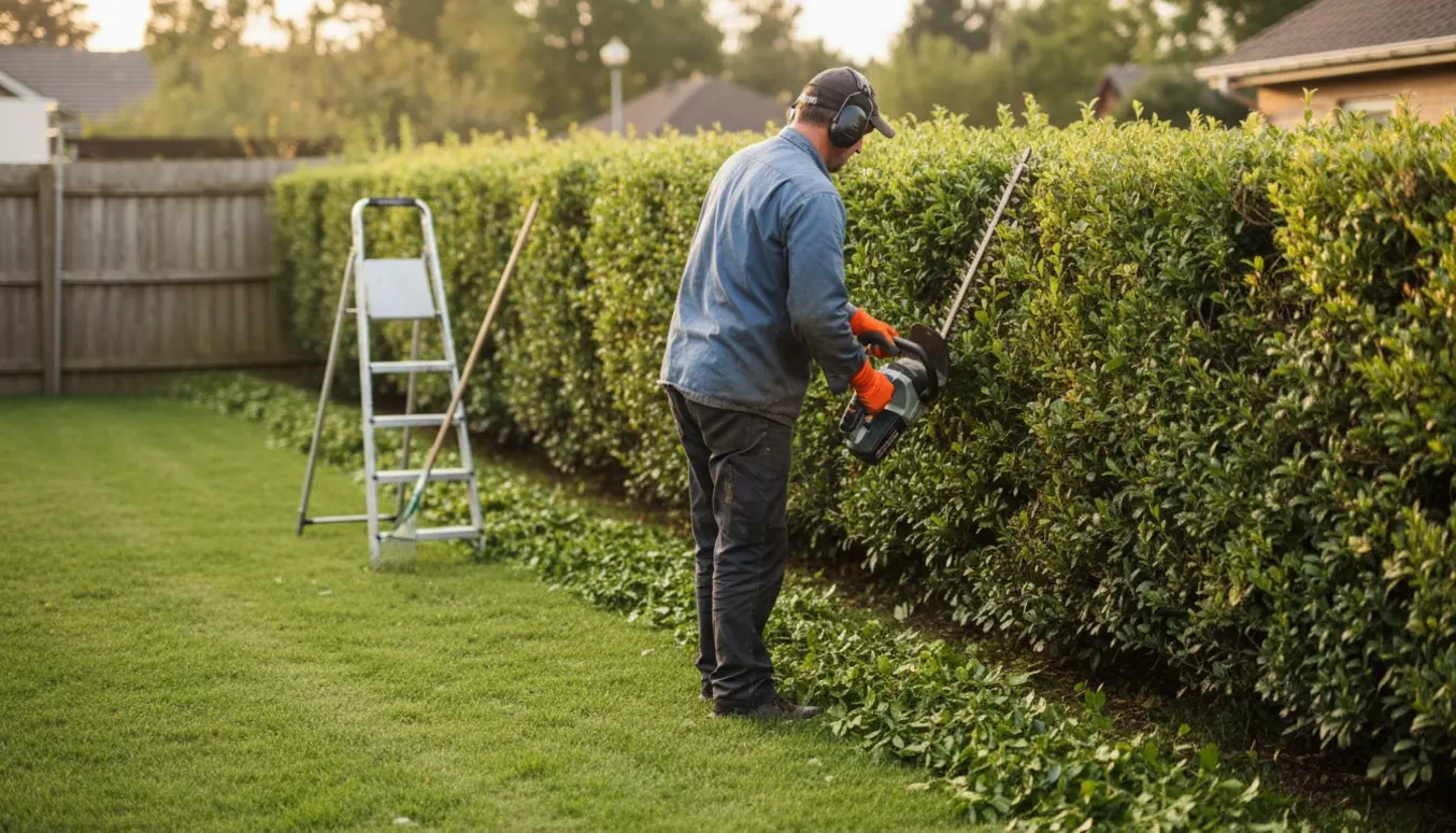 En person trimmer en hæk på cirka 14 meter i en solrig have, med friske afklip på græsset.