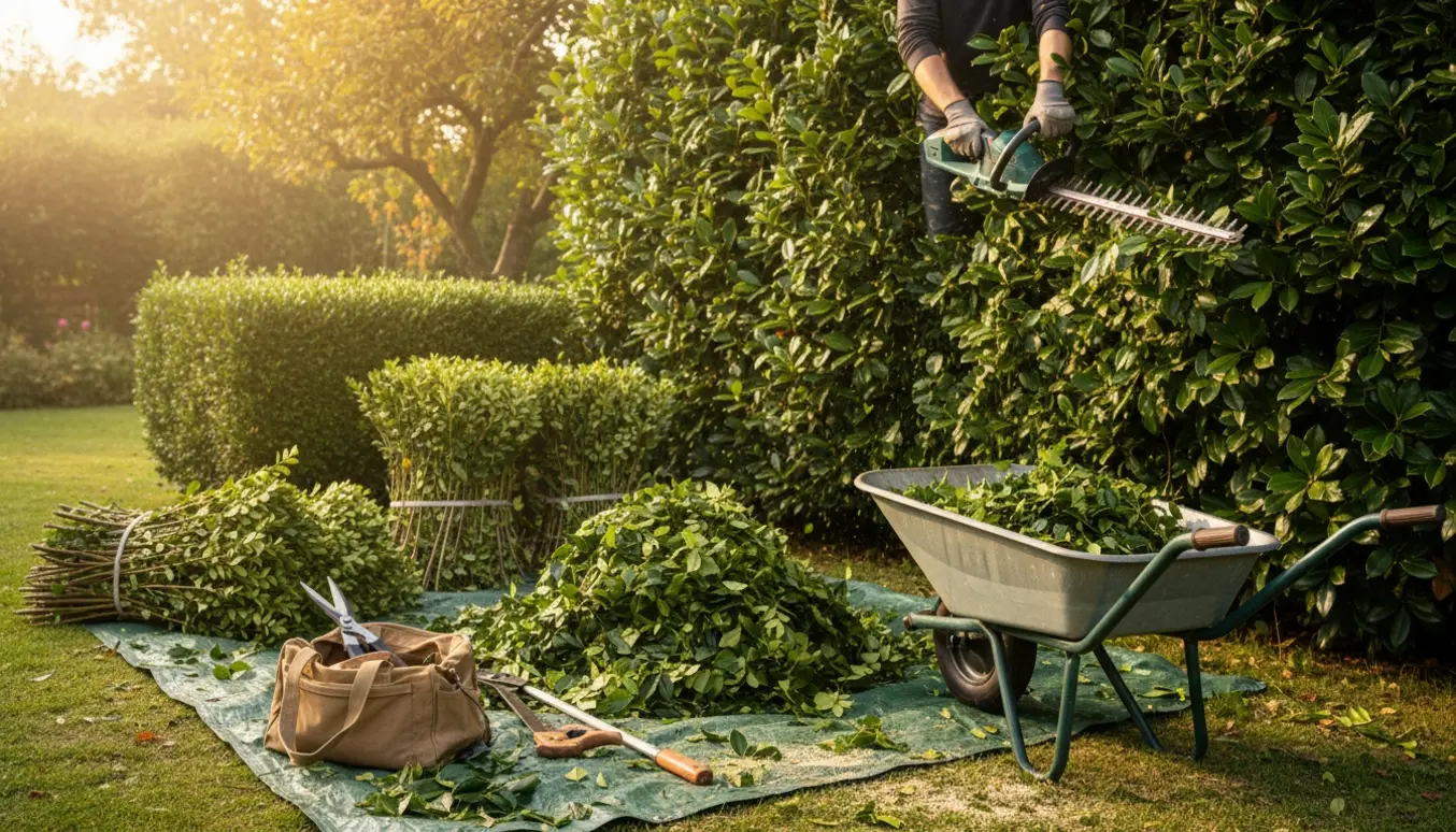 Hands-on hækkeklipper foran en klippet kirsebærlaurbærhæk med trillebør fyldt med afklip klar til bortskafning.