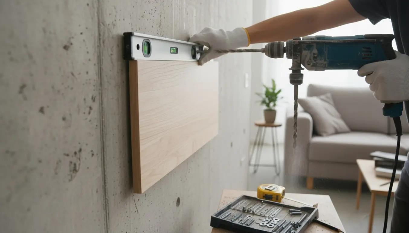 Nærbillede af ophængning af Bestå-stil tv-møbel på en betonvæg med borehammer, metalankre og vaterpas.