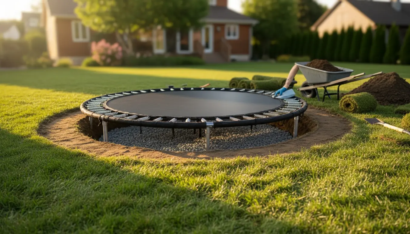 Delvist nedgravet trampolin i en græsplæne med bunker af jord, rullede plætestykker og redskaber omkring.