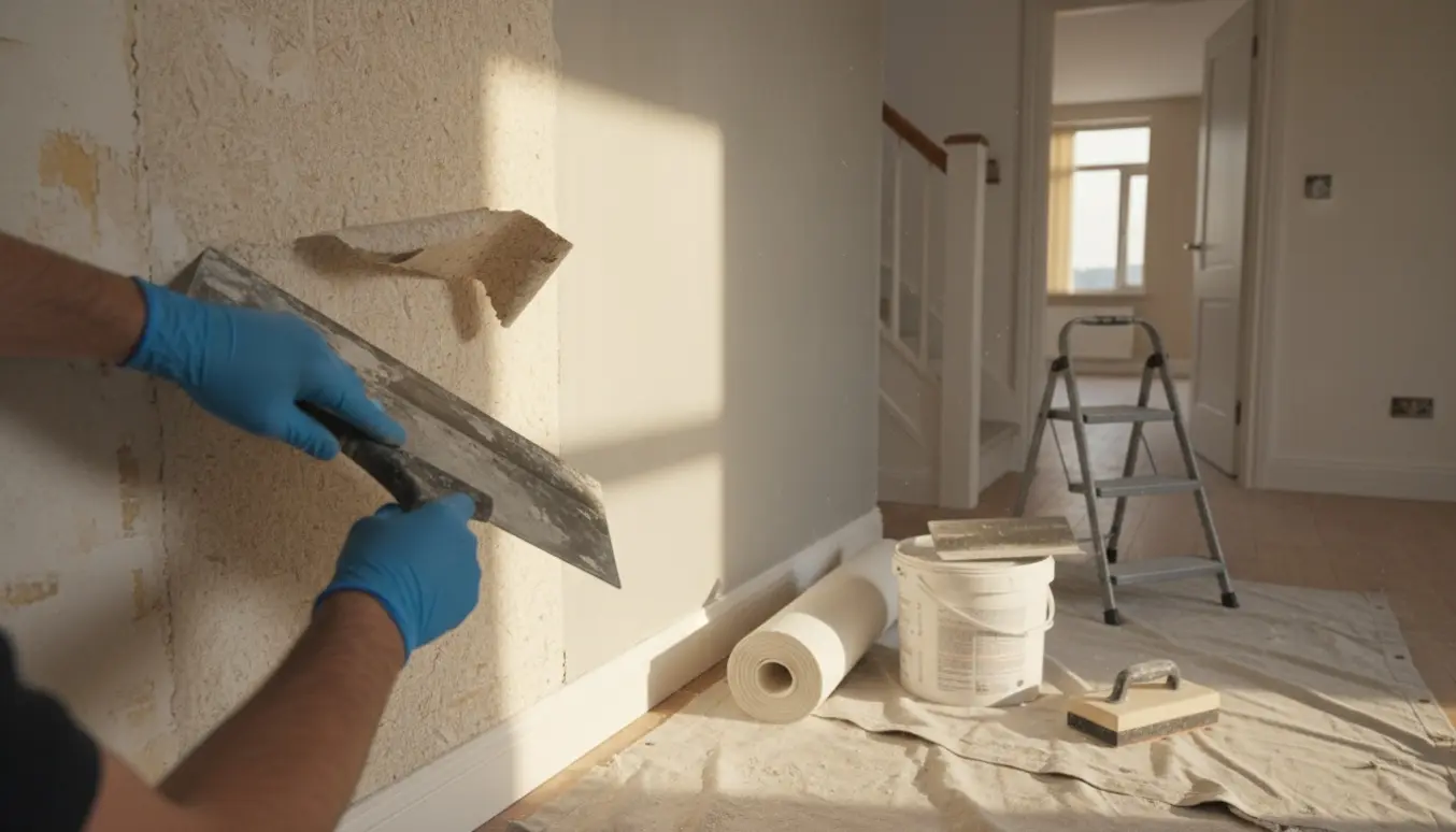 Nærbillede af værelse hvor savssmuldstapet skrabes af, spartel og ruller filt ligger klar.