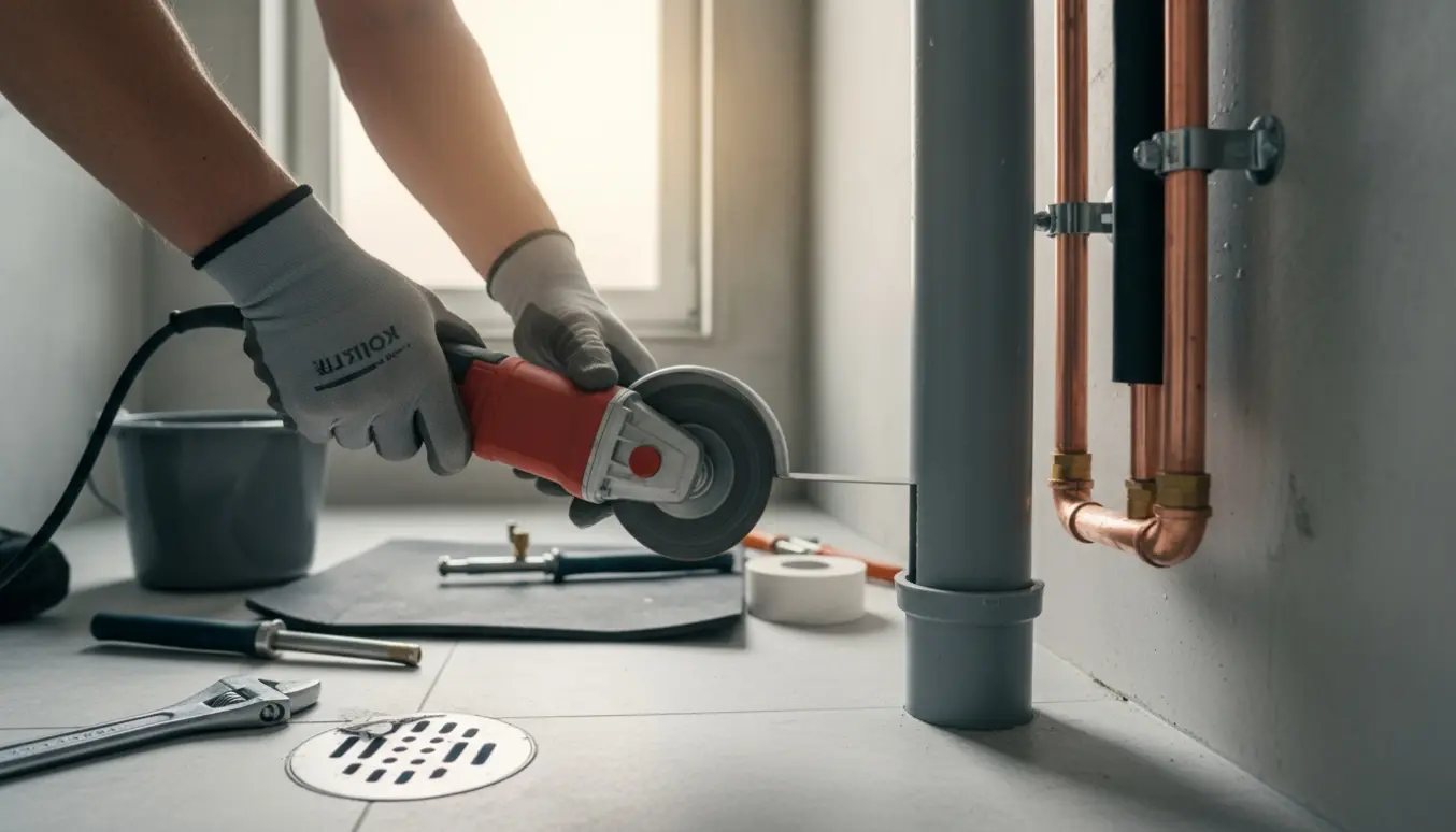 Blikkenslager skærer en faldstamme ned til gulvniveau og omdirigerer varme og kolde vandrør i et badeværelse.